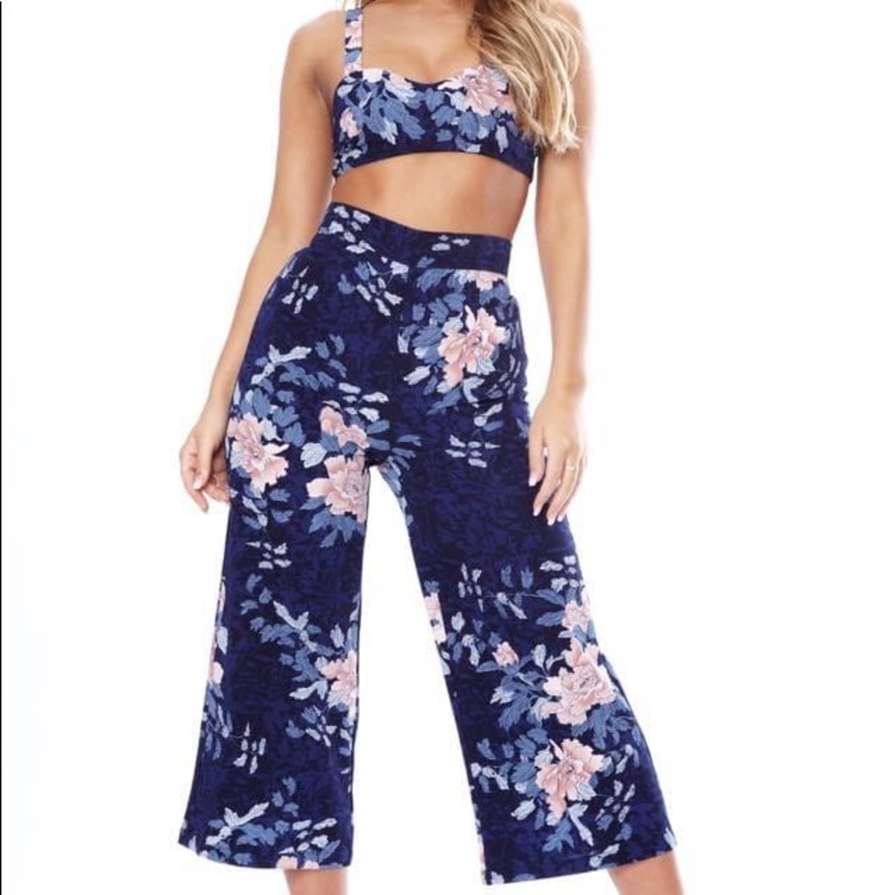 Navy and pink floral culotte set